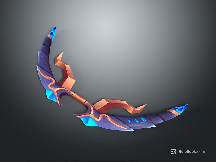 Curved Fantasy Weapon With Blue Orange Glowing Accents And Geometric Patterns 3d model 
