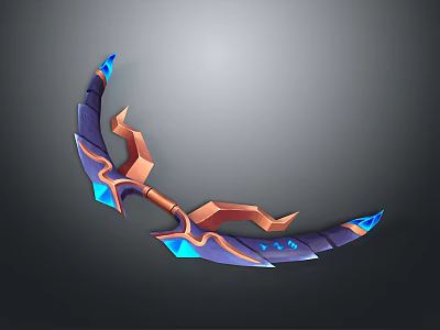 Curved Fantasy Weapon With Blue Orange Glowing Accents And Geometric Patterns 3d model