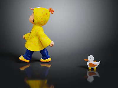 Child Doll Wearing Yellow Polka Dot Raincoat Standing Next To Small Duckling Toy 3d model