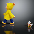 Child Doll Wearing Yellow Polka Dot Raincoat Standing Next To Small Duckling Toy