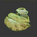 Golden Crispy Pastries With Powdered Sugar On Wooden Tray And Sauce Cup