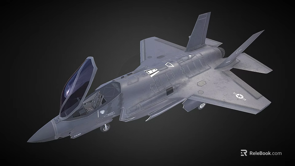 Gray Military Fighter Jet With Open Canopy And Visible Landing Gear Emblems 3d model 