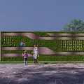 Lush Greenery Covered Landscape Wall With Inscribed Text And Adult Child Walking By Trees