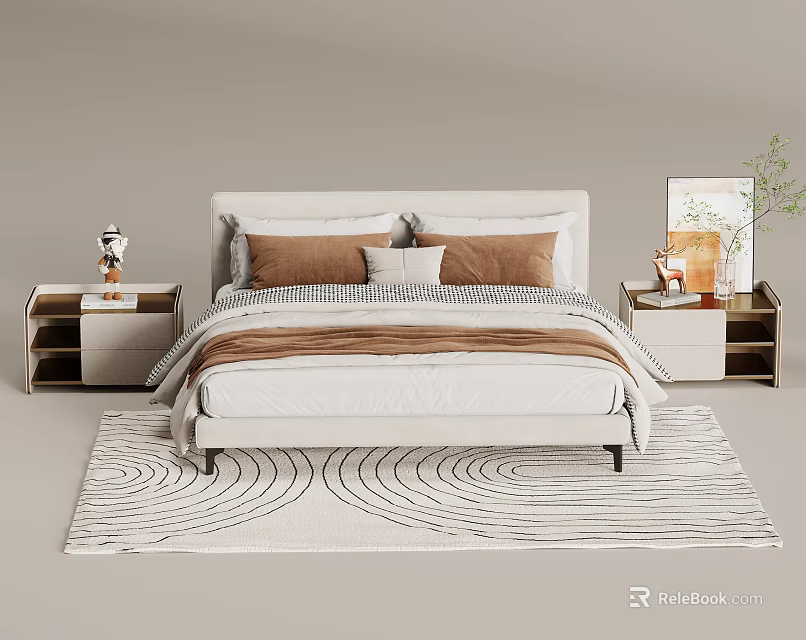 Modern Double Bed With Brown White Pillows Blanket Bedside Tables And Wave Pattern Rug 3d model