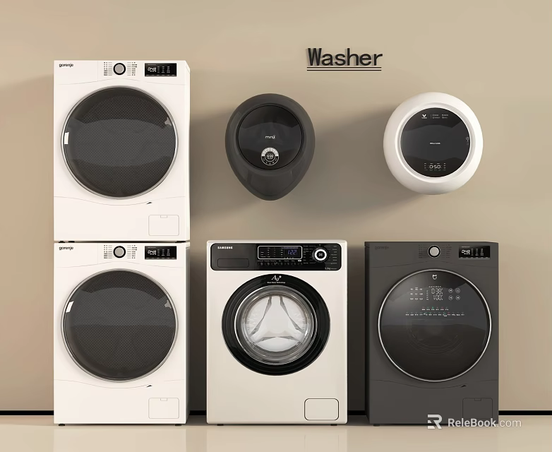 Various Modern Washer Designs With Different Colors And Control Panel Features 3d model