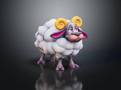 Cartoon Sheep Character With Yellow Horns White Wool And Purple Legs 3d model