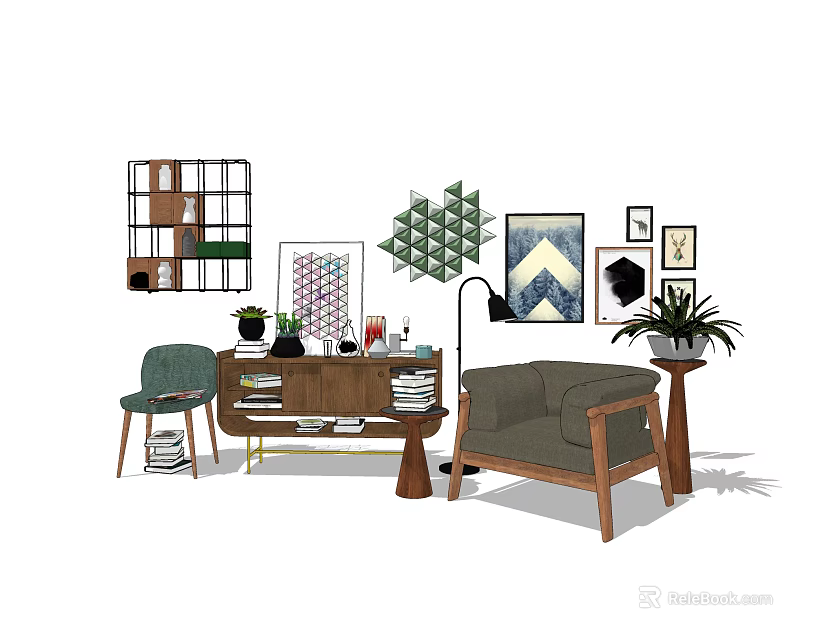 Modern Entryway Cabinet And Side Cabinet With Wooden Design Decorative Plants Lighting And Artworks 3d model 