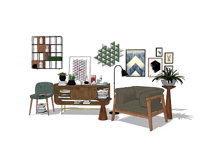 Modern Entryway Cabinet And Side Cabinet With Wooden Design Decorative Plants Lighting And Artworks 3d model