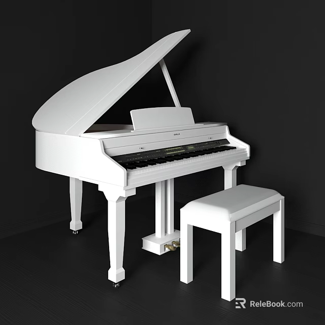 White Grand Piano With Matching Stool In Modern Dark Background Setting 3d model 