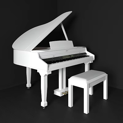 White Grand Piano With Matching Stool In Modern Dark Background Setting 3d model White Grand Piano With Matching Stool In Modern Dark Background Setting 3d model