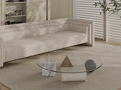Modern Glass Coffee Table In Living Room With Marble Block Pyramid And Sphere Decor On Rug 3d model