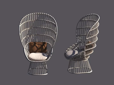 Two Stylish White Woven Leisure Chairs With Brown Cushion And Modern Design 3d model