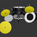 Musical Instrument Drum Set With Yellow Cymbals Black Drums And White Drumheads