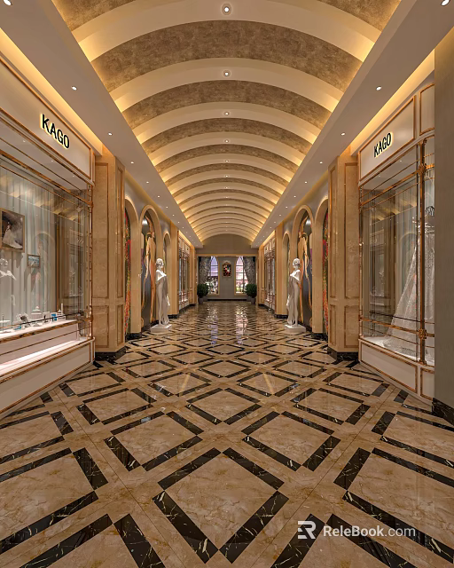 Luxurious Elevator Hallway With Marble Floor Arched Ceiling And Display Windows 3d model