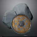 Round Wooden Shield With Blue Decorative Pattern And Gemstone Beside Textured Stones
