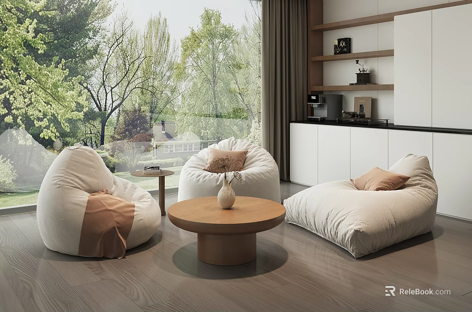 Cozy Bean Bag Chairs In Living Room With Wooden Coffee Table And Trees Outside View 3d model 