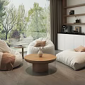 Cozy Bean Bag Chairs In Living Room With Wooden Coffee Table And Trees Outside View