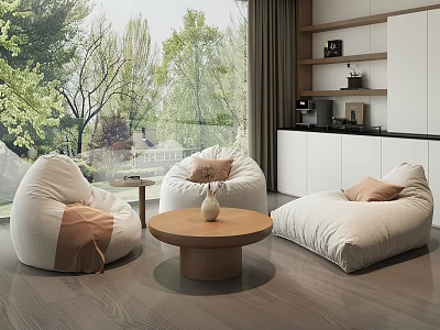 Cozy Bean Bag Chairs In Living Room With Wooden Coffee Table And Trees Outside View 3d model