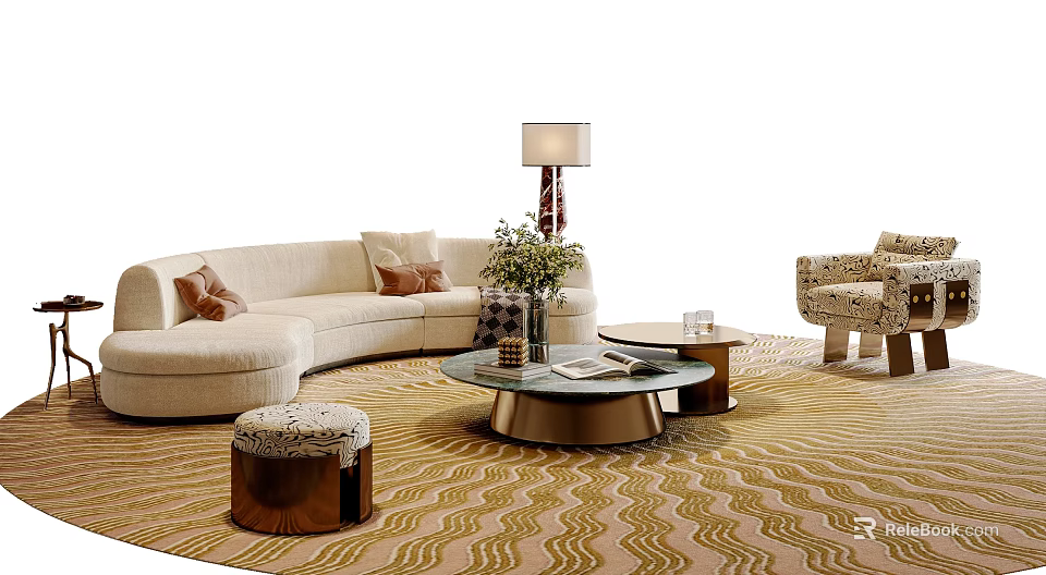 Beige Curved Sofa and Coffee Table Set With Accent Chair Wave Rug Floor Lamp 3d model 