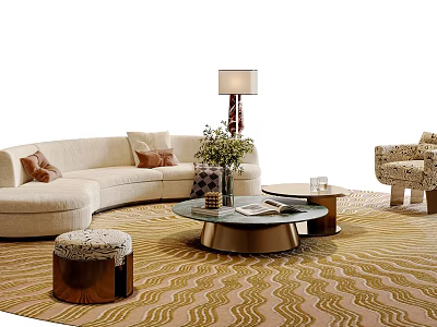 Beige Curved Sofa and Coffee Table Set With Accent Chair Wave Rug Floor Lamp 3d model