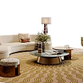 Beige Curved Sofa and Coffee Table Set With Accent Chair Wave Rug Floor Lamp