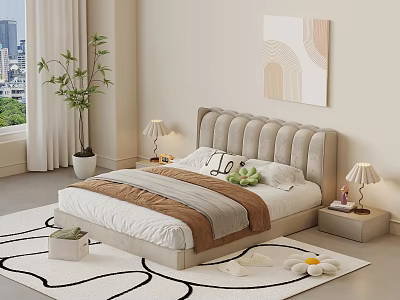Modern Double Bed With Tufted Beige Headboard Nightstands Lamps Wall Art And Area Rug 3d model