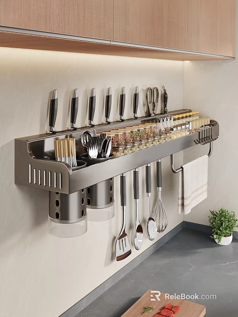Stainless Steel Wall Mounted Kitchen Utensil Rack With Knives Scissors Spice Bottles And Cooking Tools 3d model 