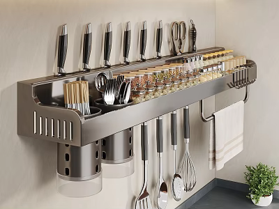 Stainless Steel Wall Mounted Kitchen Utensil Rack With Knives Scissors Spice Bottles And Cooking Tools 3d model