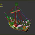 Vintage Wooden Sailing Ship With Yellow Sails Mast Ropes And Decorative Deck