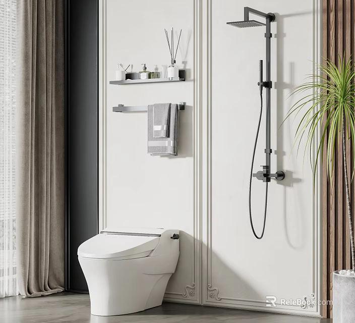 Modern White Toilet in Bathroom with Wall Shelf Towel Rack Shower Fixture and Plant 3d model 