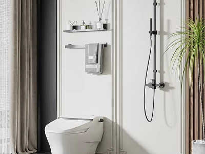Modern White Toilet in Bathroom with Wall Shelf Towel Rack Shower Fixture and Plant 3d model