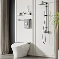 Modern White Toilet in Bathroom with Wall Shelf Towel Rack Shower Fixture and Plant