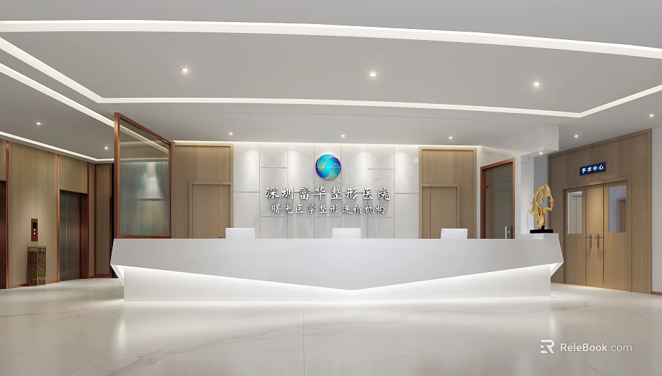 Elegant Modern Medical Aesthetic Clinic Reception Area With White Marble Desk And Lighting 3d model 