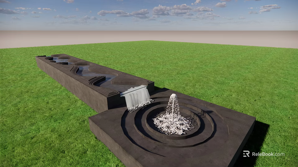 Garden Ornament with Long Rectangular Structure Waterfall and Circular Fountain on Green Lawn 3d model