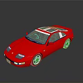 Red Two Door Sports Car With White Stripes Shiny Surface And Reflection