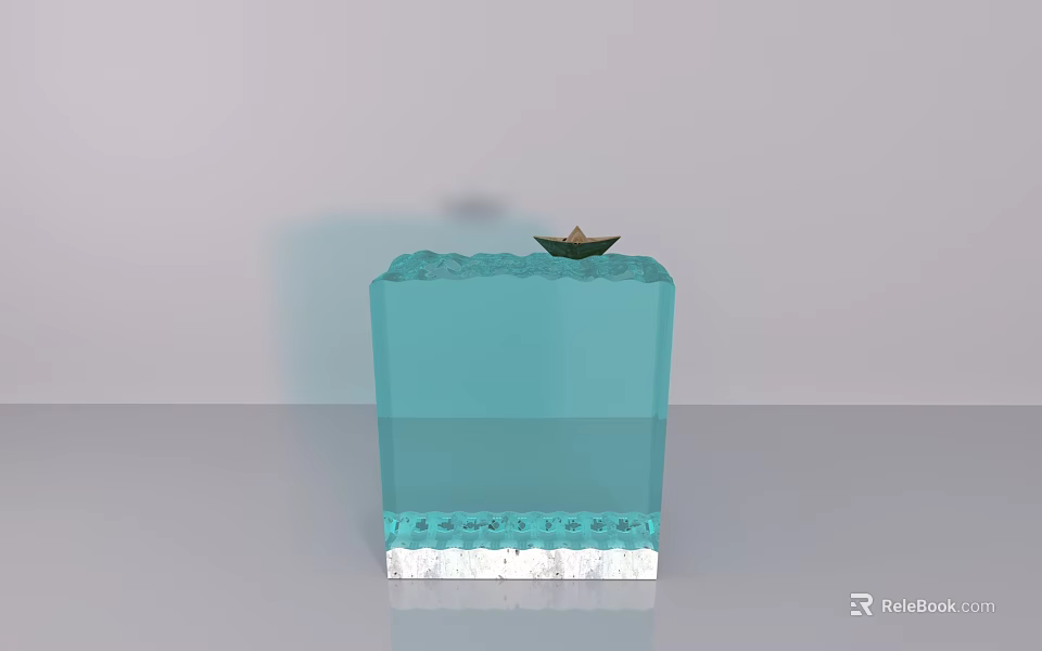 Blue Glass Cube Decorative Ornament Set Featuring White Wave Bottom and Small Boat Top 3d model 