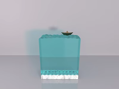 Blue Glass Cube Decorative Ornament Set Featuring White Wave Bottom and Small Boat Top 3d model