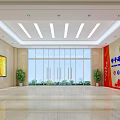 Spacious Service Hall with Staircase Red Signage Green Plants and Ceiling Lights