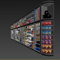 Supermarket Display Shelves Filled With Various Snacks Drinks And Canned Goods