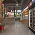 Traditional Style Restaurant Interior With Colorful Chinese Character Signs Brick Walls And Wooden Furniture
