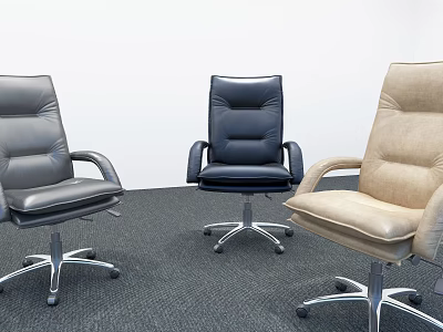 Three Modern Leather Office Chairs In Gray Black And Beige With Wheeled Base Design 3d model