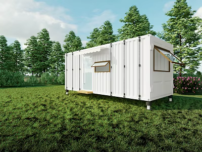 Modern White Shipping Container Building in Green Grassland With Trees and Windows 3d model