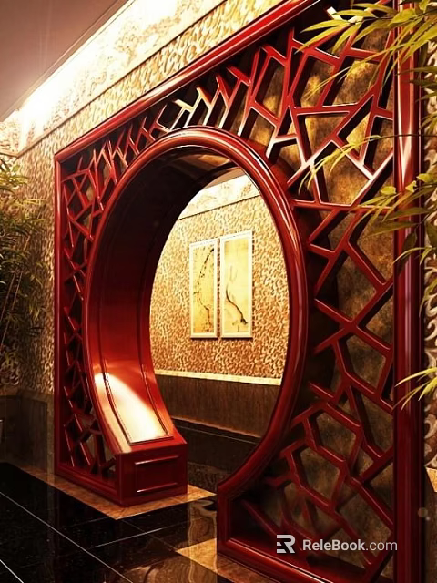 Red Carved Circular Archway As Traditional Chinese Interior Decoration Element 3d model 