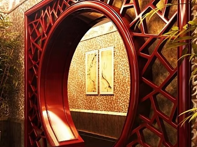 Red Carved Circular Archway As Traditional Chinese Interior Decoration Element 3d model