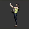 Woman Taking Selfie With Smartphone Wearing Yellow Top Blue Jeans Sandals And Brown Checkered Handbag