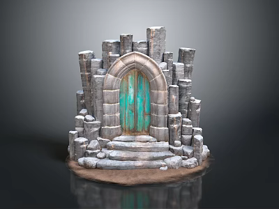Castle Gate With Green Wooden Door Surrounded By Stone Walls And Steps 3d model