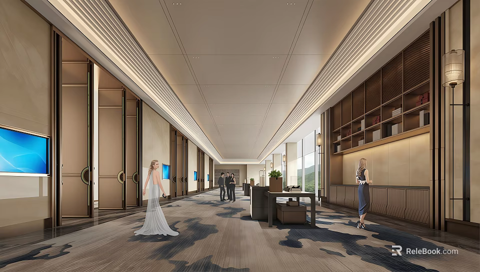 Spacious Modern Hotel Lobby Interior With Patterned Carpet Reception Desk And Green Plants 3d model 