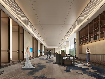 Spacious Modern Hotel Lobby Interior With Patterned Carpet Reception Desk And Green Plants 3d model