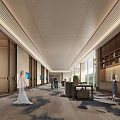 Spacious Modern Hotel Lobby Interior With Patterned Carpet Reception Desk And Green Plants