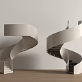 Dual White Spiral Staircase Modern Minimalist Design Against Light Colored Wall With Wooden Floor